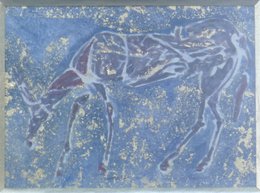 Themistokles à la pluie d'or, fond bleu, technique mixte  avec or 18x14 
